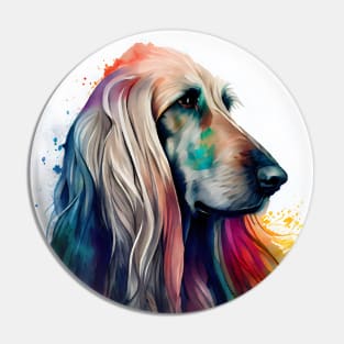 Watercolor Afghan Hound with Bright Rainbow Colors Pin