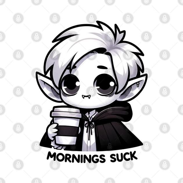 Mornings Suck Vampire Pun With Coffee Gothic Black and White by Dad and Co