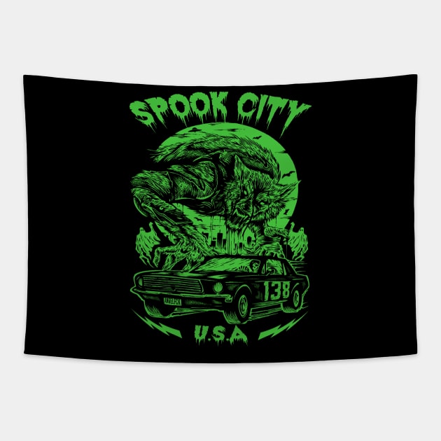 "SPOOK CITY" GREEN Tapestry by joeyjamesartworx