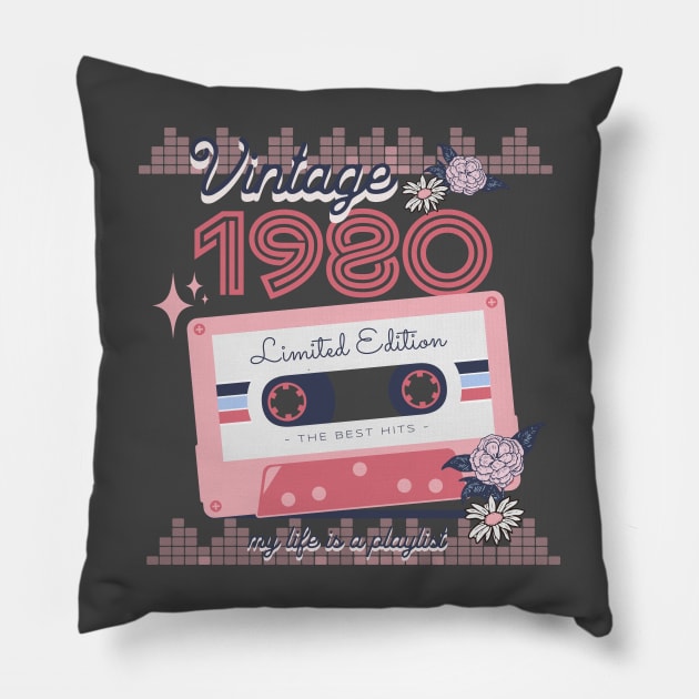 Vintage 1980 Limited Edition Music Cassette Birthday Gift Pillow by Mastilo Designs