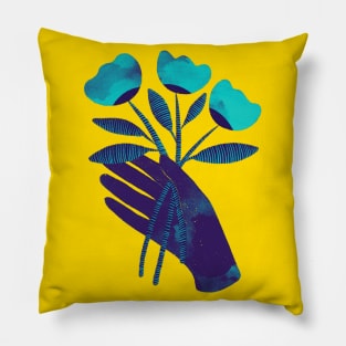 Dark purple blue hand with turquoise flowers for you on yellow Pillow