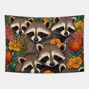 Raccoon Babies Cute Little Baby Raccoons and Flowers Tapestry