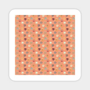 Steaming tea cups on a coral background. Colorful coffee mugs. Hot beverage. Magnet