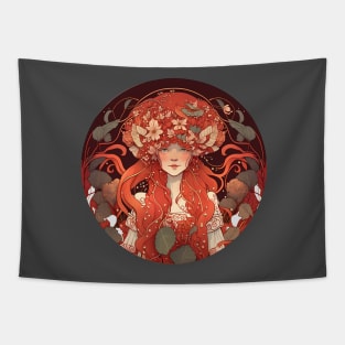 Mushroom Head Woman | Cottagecore Redhead in the Forest Tapestry