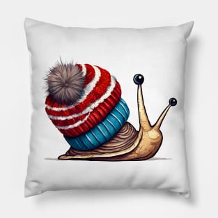 Cute snail wearing a pom pom toque Pillow