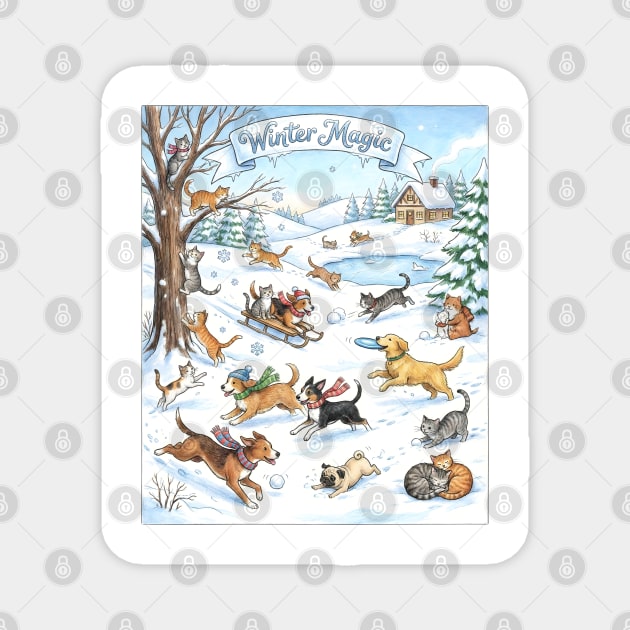 Winter Fun with Cats and Dogs Magnet by Creatifly Graphic Tees
