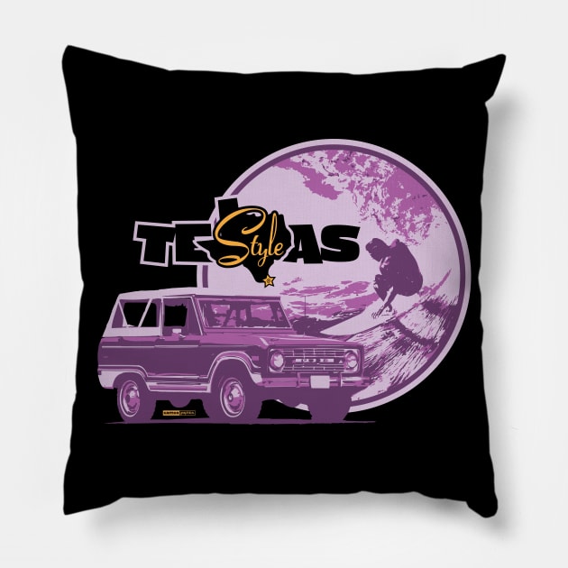 Texas-Style Surfer with Ford Bronco in pastel pinks and purples Pillow by CamcoGraphics