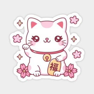 Cute Maneki Neko Japan Good Luck Cat And Flowers Magnet