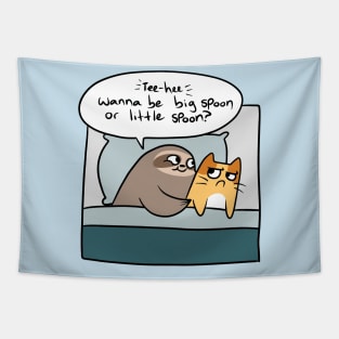 Sloth and Cat Spooning Comic Tapestry