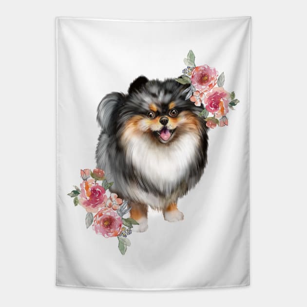 Blue Pomeranian Puppy Dog Watercolor Art Tapestry by AdrianaHolmesArt