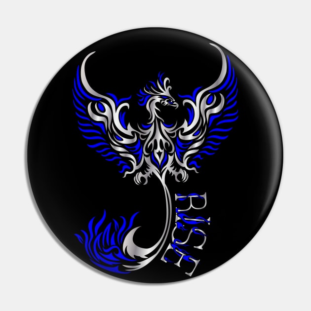 Rise up like a Phoenix from the ashes. Silver and Blue Phoenix in a Tribal / Tattoo Art style Pin by Designs by Darrin