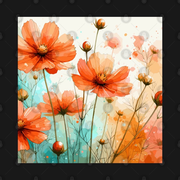 Orange Cosmos Flowers Pattern by Jenni Arts