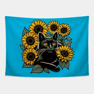 Black cat surrounded by sunflowers Tapestry