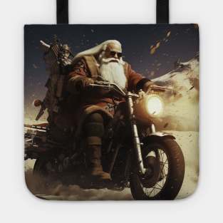 Santa Claus on motorcycle riding with christmas gifts Tote