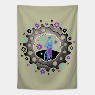 Woman Cyclist With Vintage Bike and Flowers Tapestry