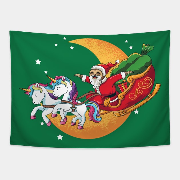 Santa Sloth On Sleigh with Unicorns Tapestry by ghsp