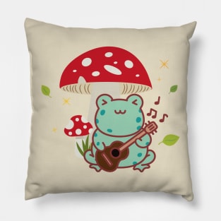 Cute Cottagecore Frog Playing the Guitar Mushroom Pillow