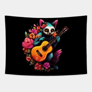 Aesthetic Lemur Playing Guitar Floral Tapestry