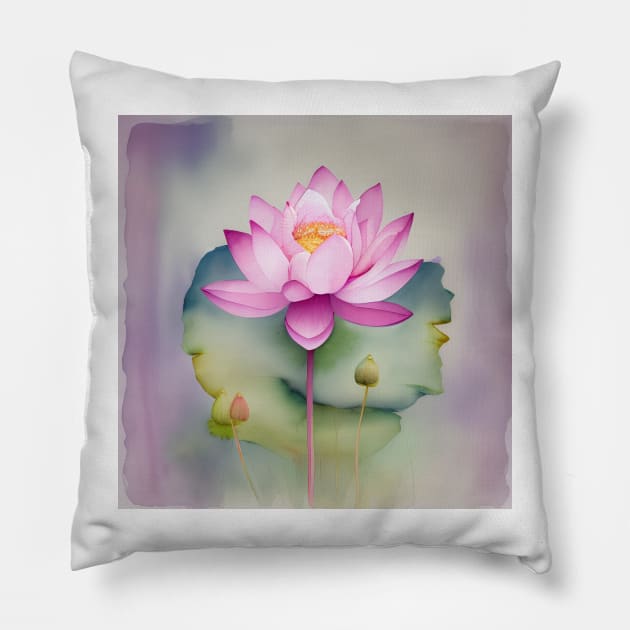 Large Pink Lotus Watercolour Flower Pillow by PurplePeacock