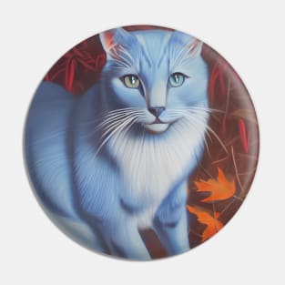 Striking Blue Cat in Autumn Leaves Pin
