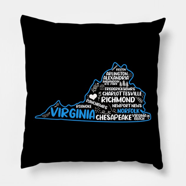 Norfolk Virginia cute map, Richmond, Arlington, Newport News, Alexandria, Hampton, Roanoke, Suffolk, Reston Pillow by BoogieCreates