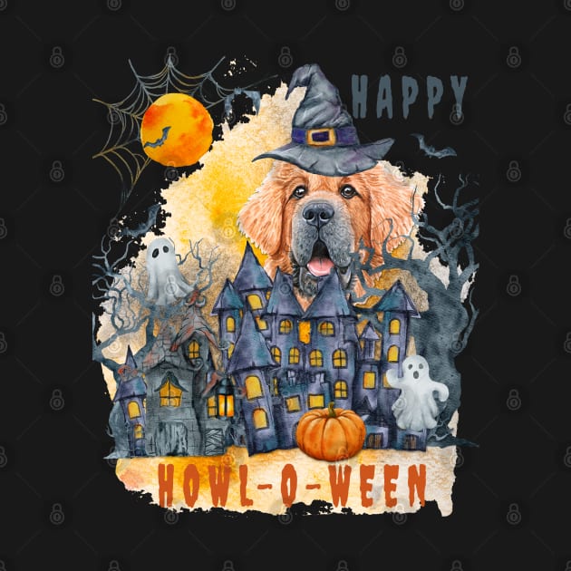 Tibetan mastiff Happy Howl-o-ween Ghost Houses Funny Watercolor by Sniffist Gang