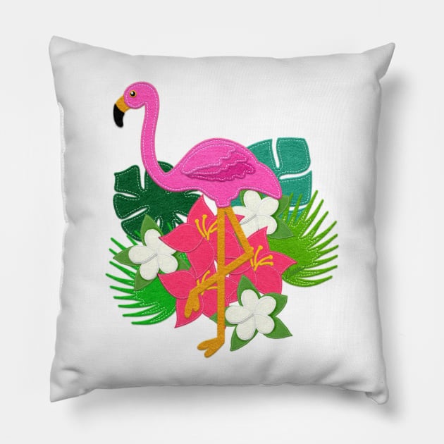 Felt Look Pink Flamingo and Tropical Leaves | Cherie's Art Original (c)2020 Pillow by CheriesArt