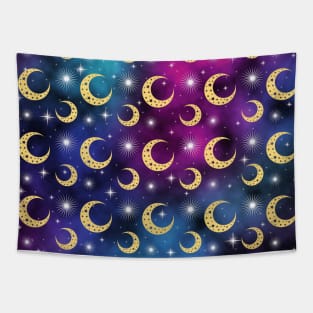 Galaxy And Moons Pattern - Night Sky Tapestry