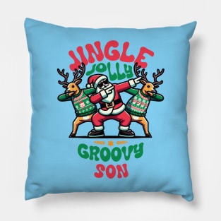 Son - Holly Jingle Jolly Groovy Santa and Reindeers in Ugly Sweater Dabbing Dancing. Personalized Christmas Pillow