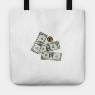 Bitcoin coin and dollars. Concept of mining business, wealth, fortune, success Tote