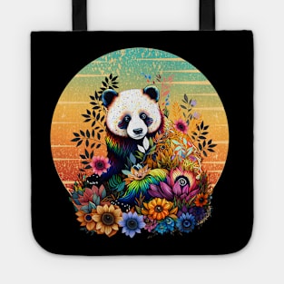 Colorful funny Panda with Sunset, floral tattoo, panda bear rainbow color, colored Tote