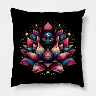 Colorful Abstract Cosmic Cat in Lotus Flower Pillow