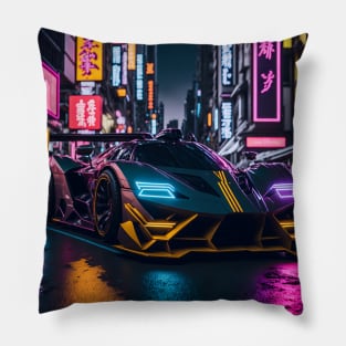 Dark Neon Sports Car in Japanese Neon City Pillow