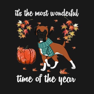 Boxer Dog Autumn Fall Most Wonderful Time Maple Gift T-Shirt