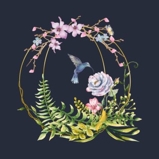 Glittering Golden Floral Hummingbird Terrarium T-Shirt