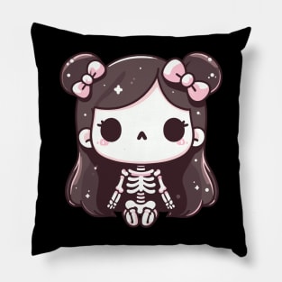 Cute Kawaii Style Halloween Skeleton Girl | Halloween Cute Design for Girls Pillow