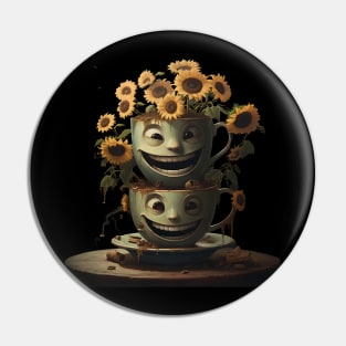 Happy Smiling Faces On a Cup With Coffee And Sunflowers Coffee Barista Pin