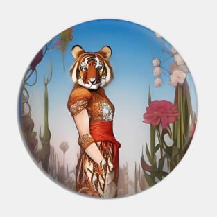 Magical and stunning design of pretty flowers and a tiger Pin