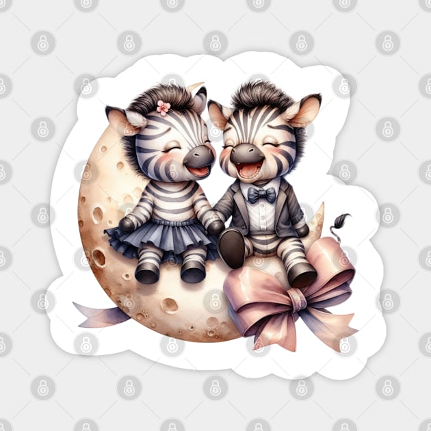 Valentine Happy Zebra Couple On Moon Magnet by Chromatic Fusion Studio