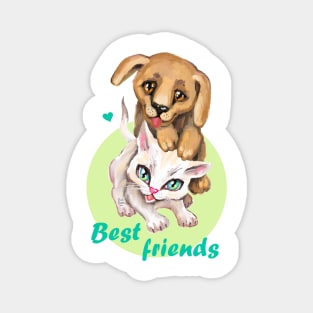 Cute small cat and dog. Sweet little baby pets. Kitten and puppy friends. Magnet