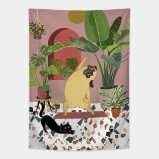 Pug Yoga with Plants Tapestry