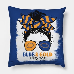 Blue and Gold Vibes Only Football Mom Messy Hair Gameday Pillow