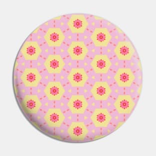 Kaleidoscopic shapes with 1960s flowers, in pastel pink and yellow Pin