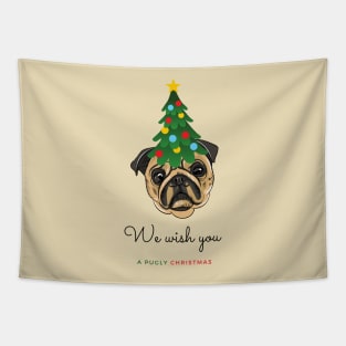 We Wish You a Pugly Christmas Pug Dog with Festive Tree on its Head Tapestry