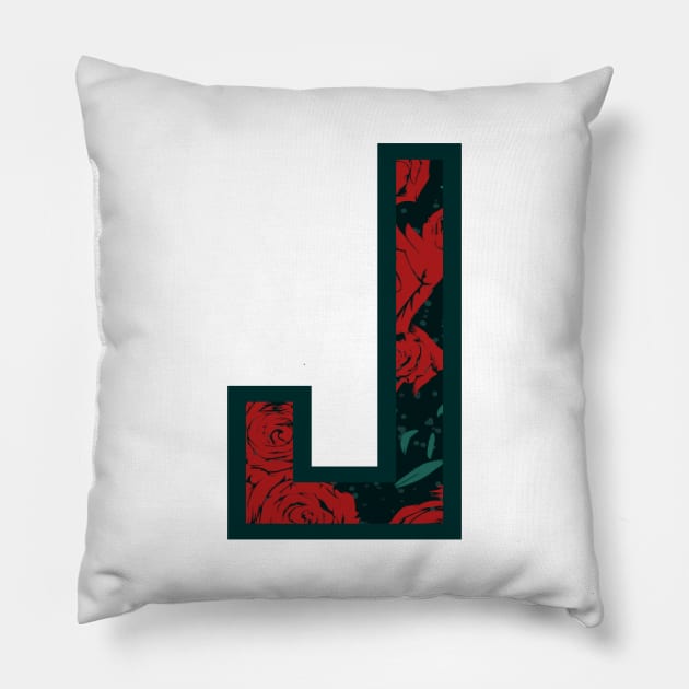 Modern Rose Floral Initial Name Alphabet - Letter J Pillow by BroxArtworx