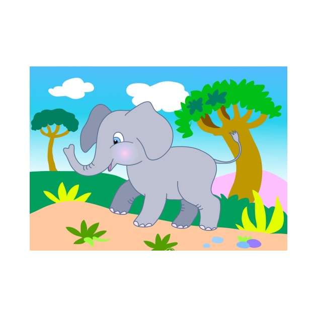 cheerful cartoon elephant in the jungle by sonaart