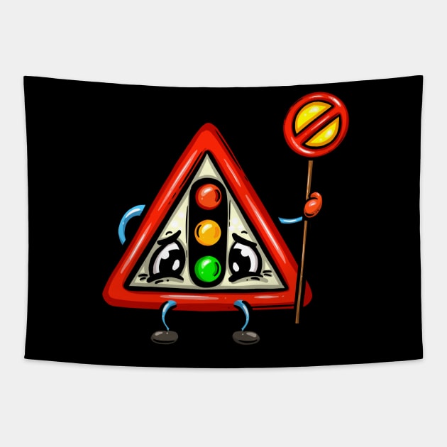 Traffic Lights Driving Test Warning Traffic Road Sign Cartoon Character Tapestry by Squeeb Creative