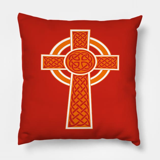 Ornamental Celtic High Cross Decorative Knotwork Orange and White Pillow by taiche