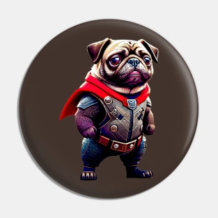 Heroic Cute Pug Wears Armor Costume - Adorable in Superhero Pet Costume Pin