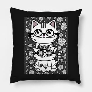 Beautiful Black and White Cat Illustration - Modern Art Pillow